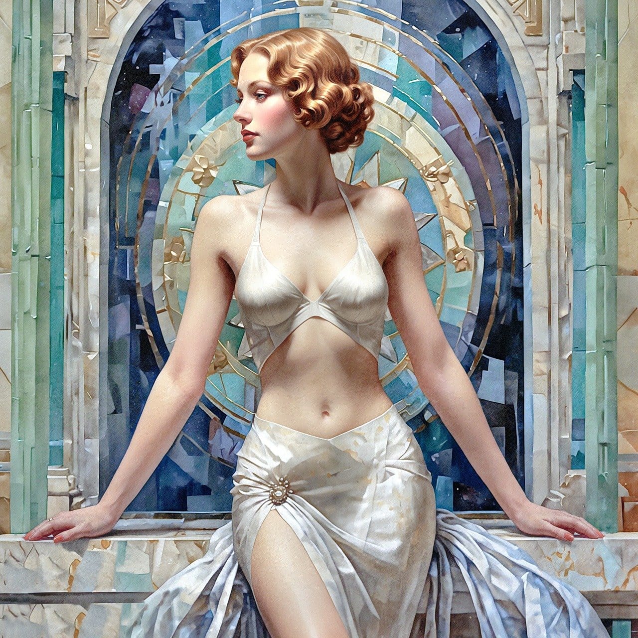 Art Deco image of a lady in a gown resting on tiled stained glass window ledge