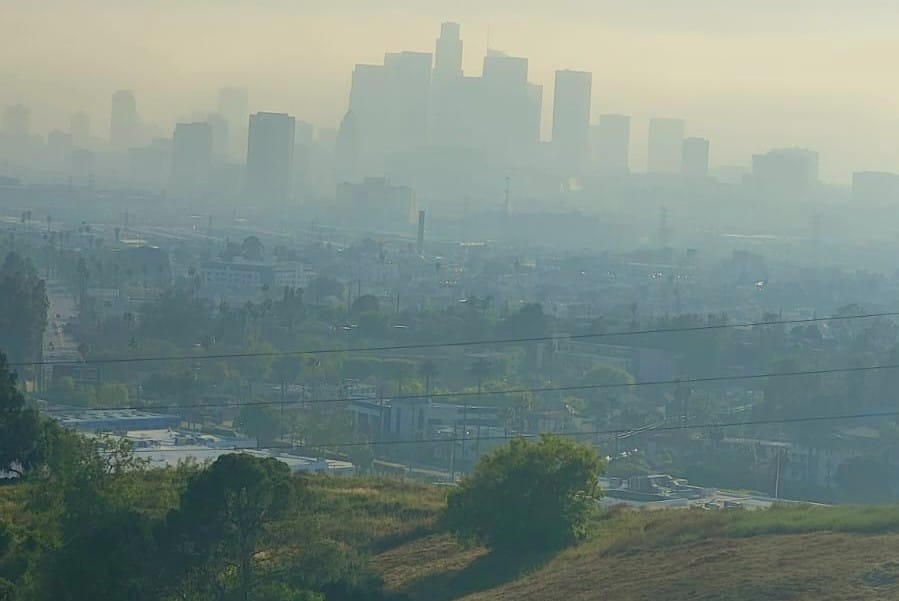 Ascot Hills view of a smoggy Downtown Los Angeles. Ascot Hills has views across the entire Los Angeles Basin.